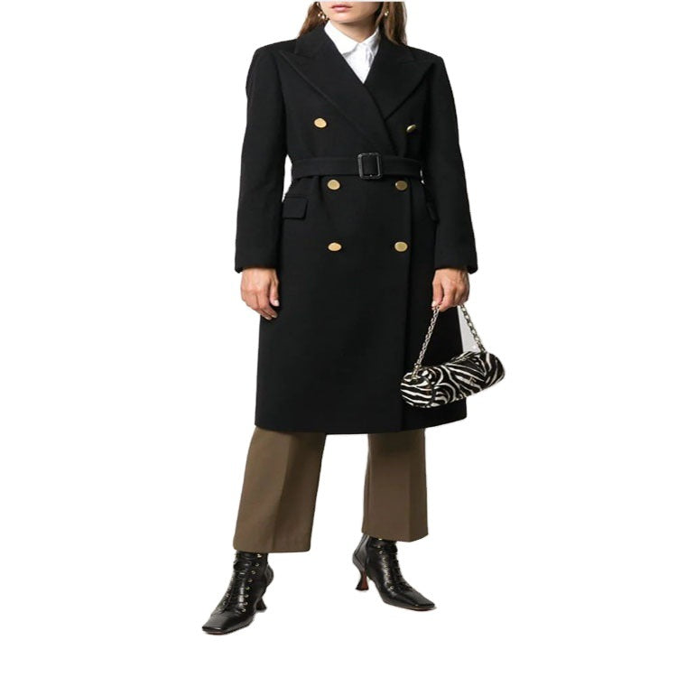 Women's mid-length noble wool blend coat in double-breasted style with contoured waist belt Mune Fashion