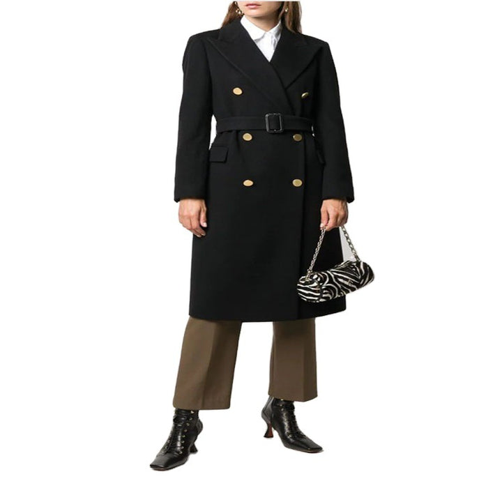 Women's mid-length noble wool blend coat in double-breasted style with contoured waist belt Mune Fashion