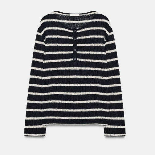 Women Striped Fine Knit Sweater with Back Buttons and Boat Neck Mune Fashion