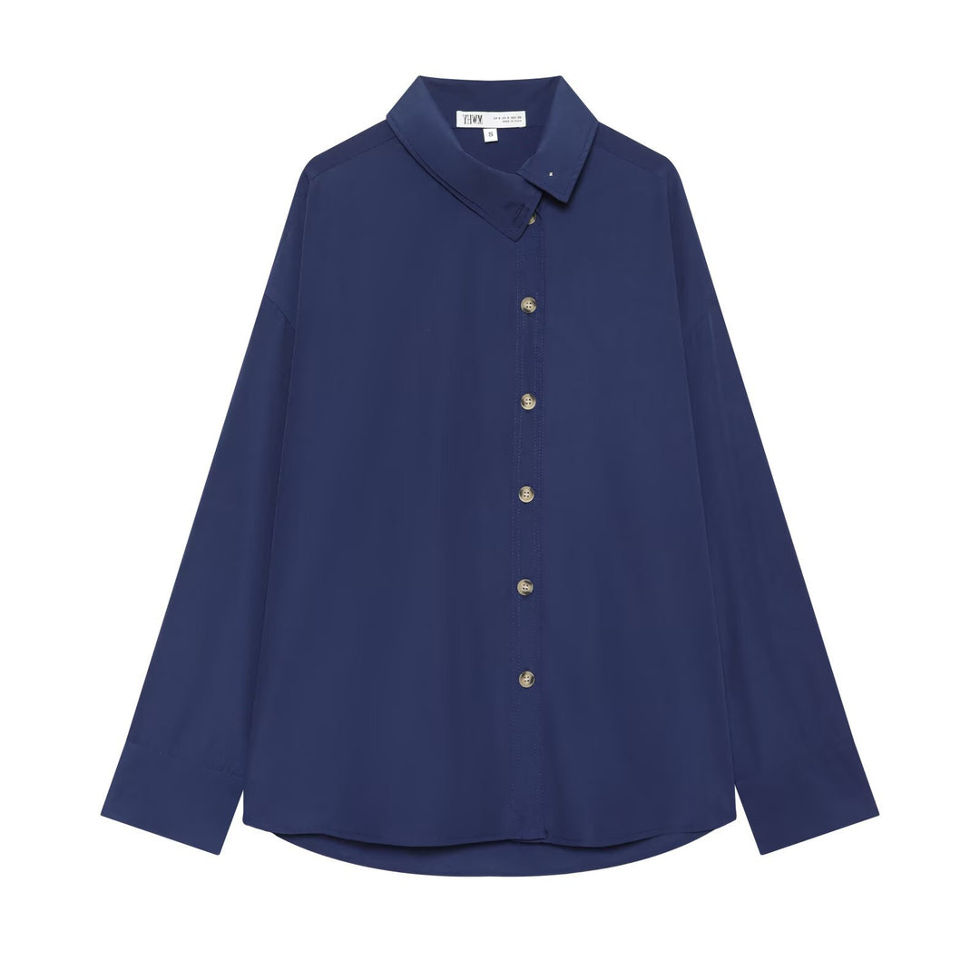 Women Oversized Shirt Blouse with Continuous Button Placket and Rounded Hem Mune Fashion
