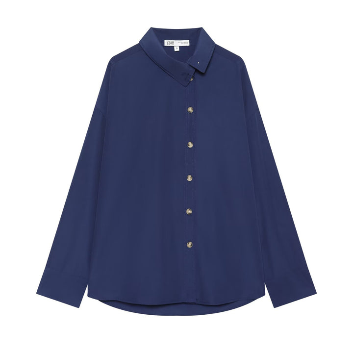 Women Oversized Shirt Blouse with Continuous Button Placket and Rounded Hem Mune Fashion