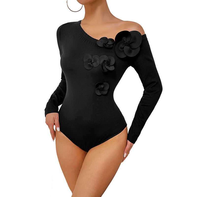 Women's figure-hugging one-shoulder bodysuit with long sleeves and 3D flowers