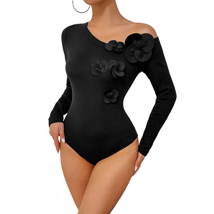 Women's figure-hugging one-shoulder bodysuit with long sleeves and 3D flowers