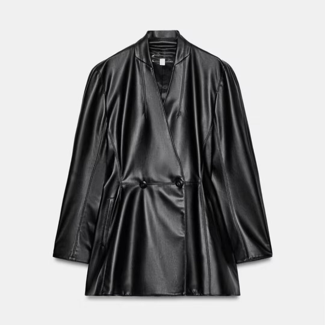 Women Faux Leather Blazer in Oversized Cut with Wrap Look and Tailored Decorative Buttons Mune Fashion