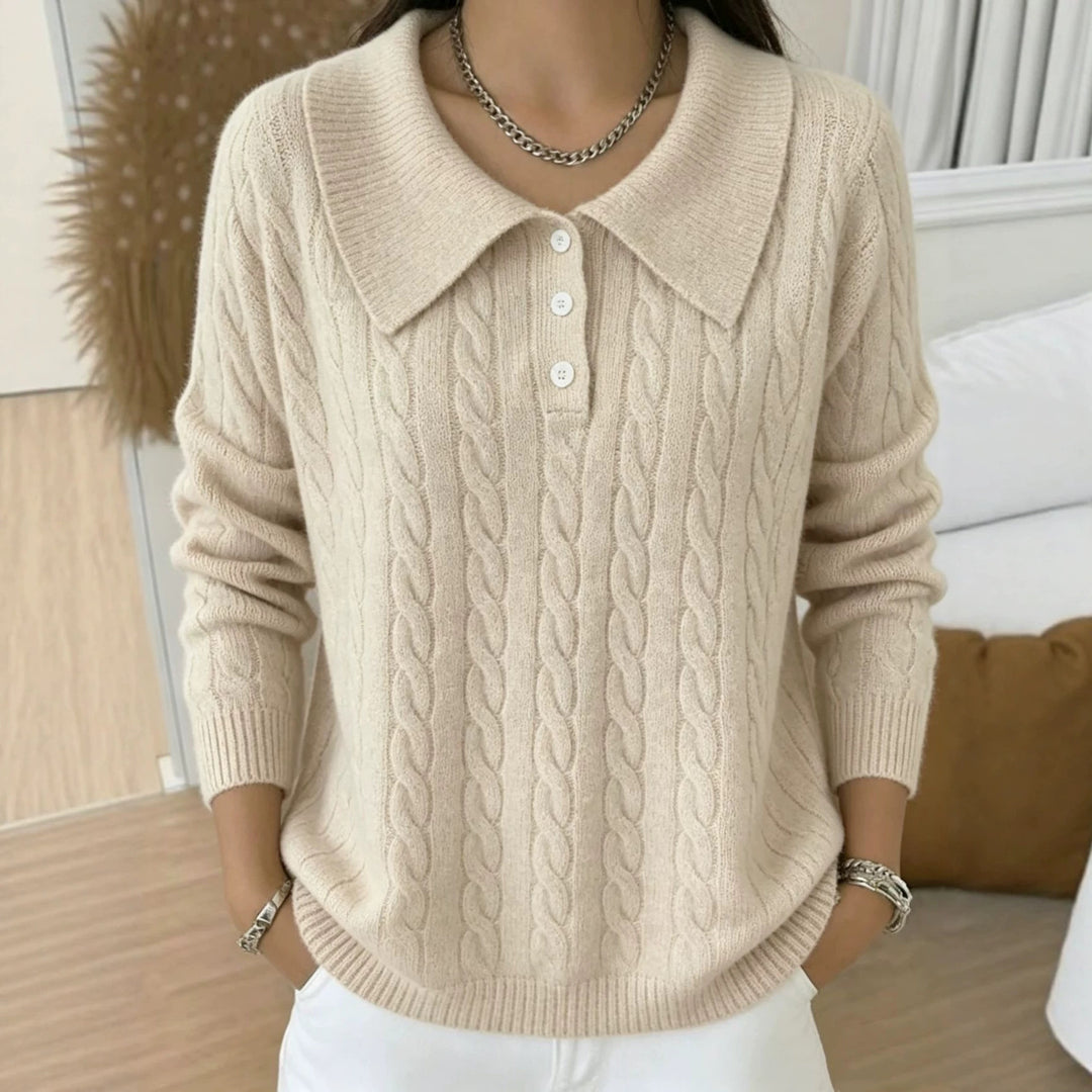 Women's cable knit polo sweater with large folded collar and relaxed silhouette Mune Fashion