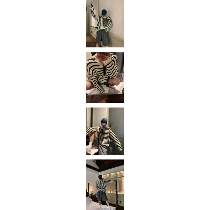 Unisex Thick Knitted Oversized Ajour Sweater with Striped Pattern and V-Neck Mune Fashion