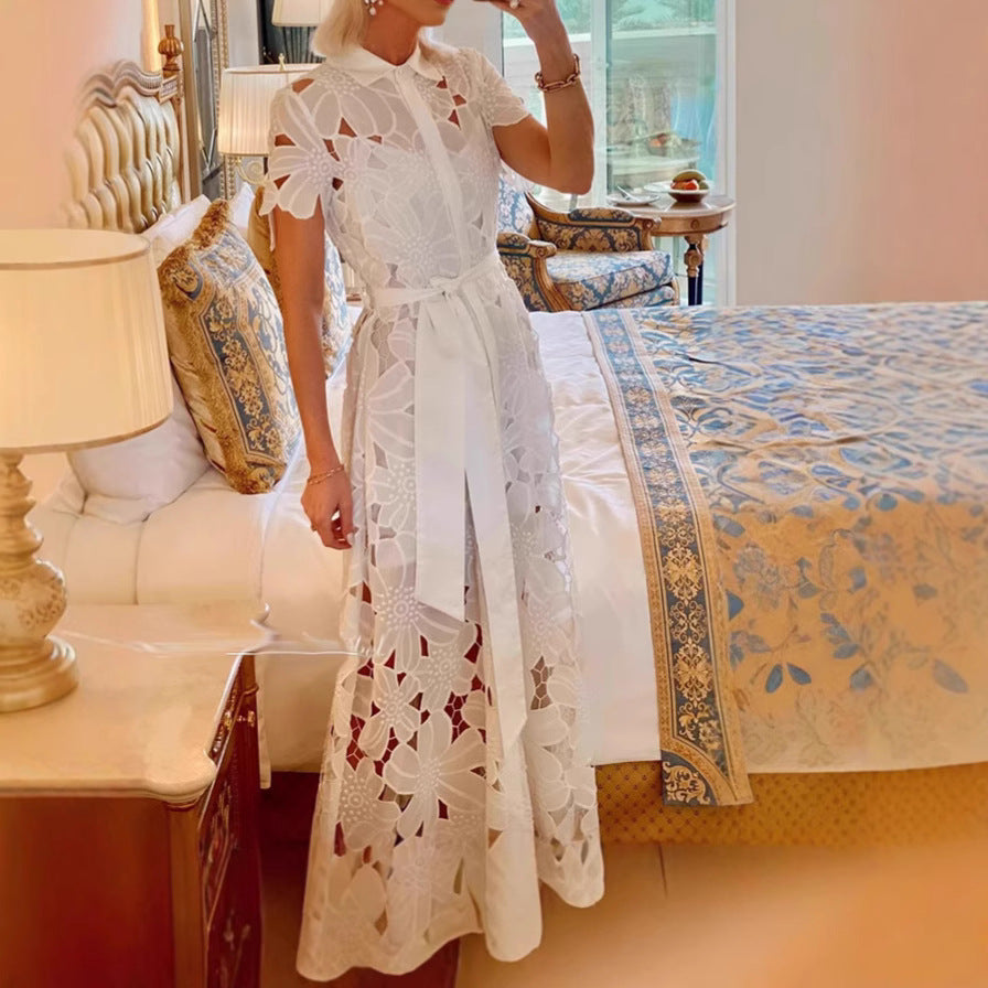 Women's flared maxi dress made of floral embroidery with a shirt collar, button placket, and tie belt Mune Fashion
