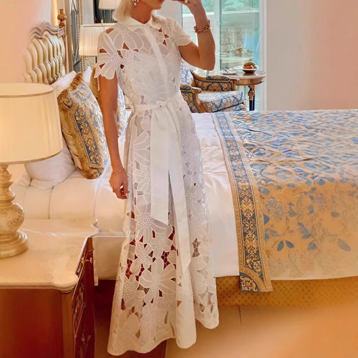Women's flared maxi dress made of floral embroidery with a shirt collar, button placket, and tie belt Mune Fashion