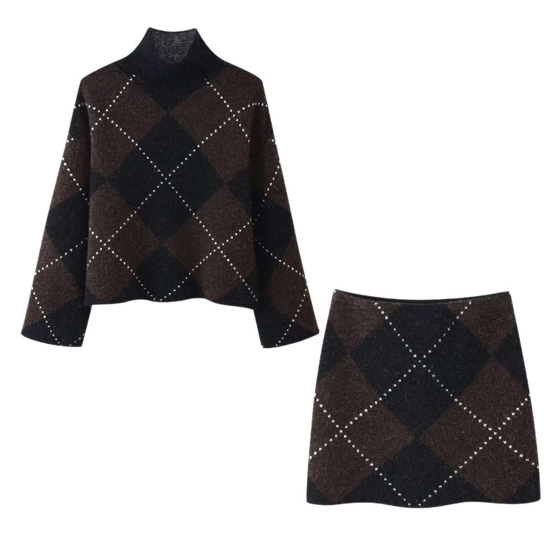 Women's Knit Set made of Turtle Neck Poncho and Mini Skirt with Argyle Pattern Mune Fashion
