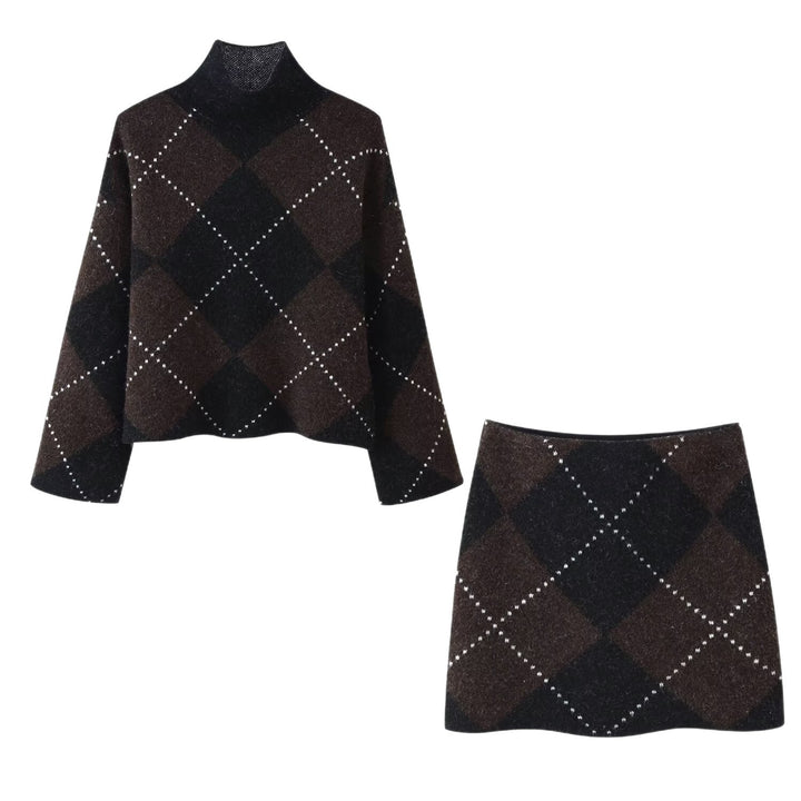 Women's Knit Set made of Turtle Neck Poncho and Mini Skirt with Argyle Pattern Mune Fashion