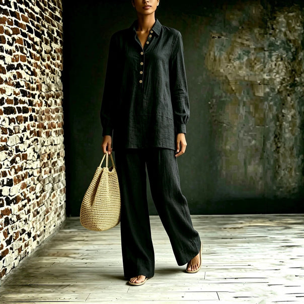 Women Tunic-Pants Set made of linen look with shirt collar and wide cut Mune Fashion