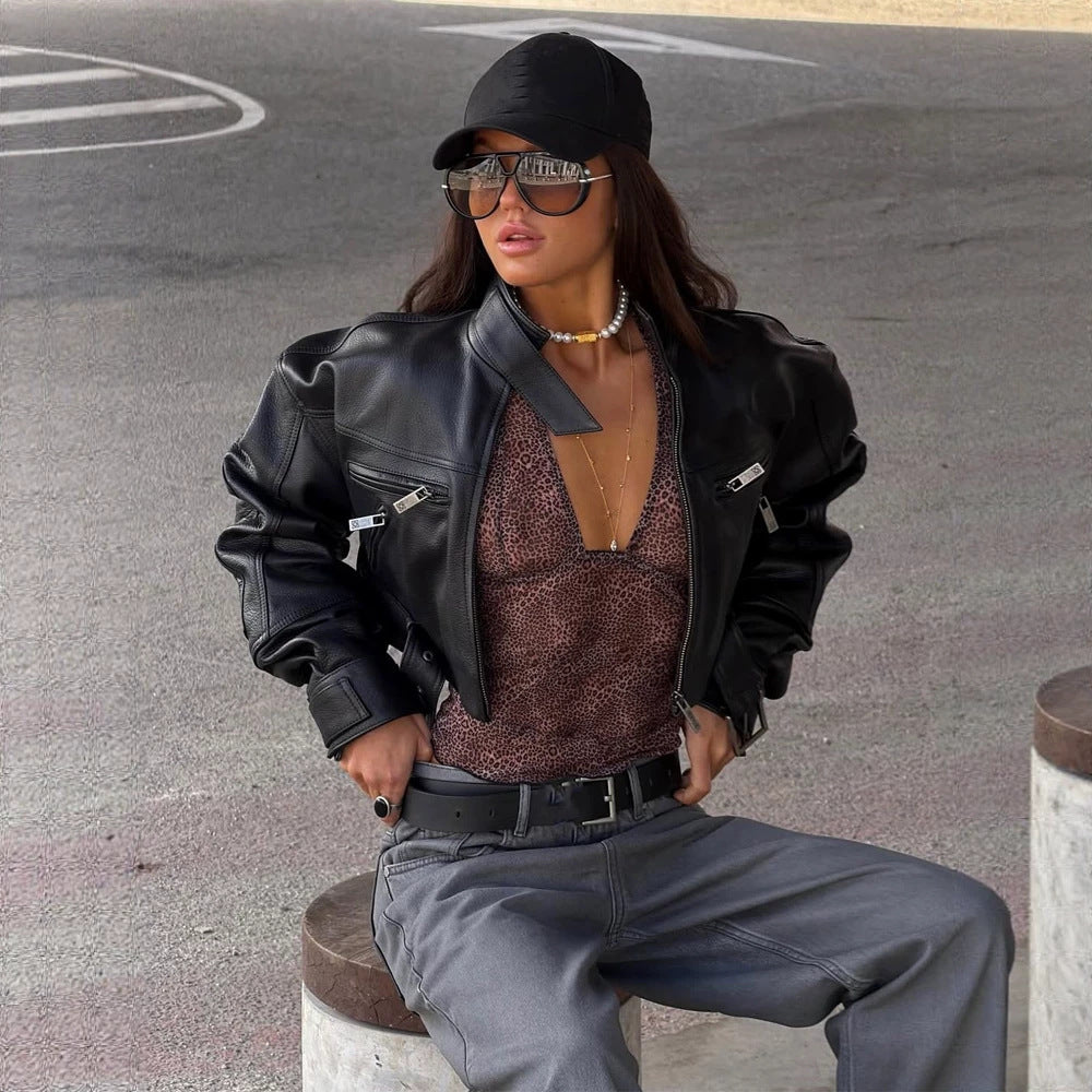 Women Cropped Boxy Biker Jacket made of vegan leather with high standing collar, zippered pockets & buckle detail Mune Fashion