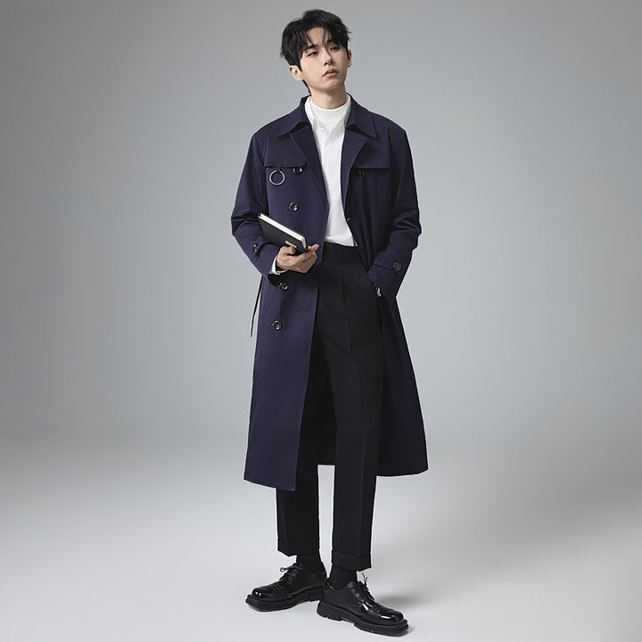 Men's Modern Tech Trench Coat with Double-Breasted Button Placket, Tie Belt and Subtle Ring Details Mune Fashion