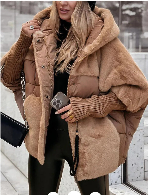 Women's oversized quilted winter jacket with faux fur panels, hood and integrated ribbed sleeve details Mune Fashion