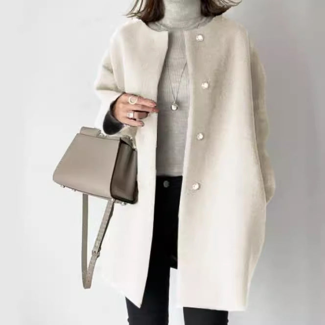 Women nan Oversized Wool Blend Coat with Pearl Buttons and Straight Cut Mune Fashion