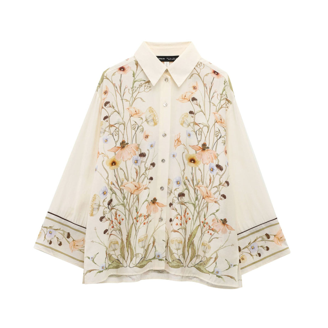 Women's wide linen pants with high waist, palazzo cut and floral watercolor print Mune Fashion