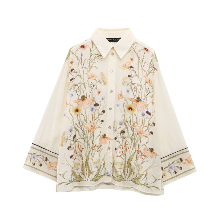 Women's wide linen pants with high waist, palazzo cut and floral watercolor print Mune Fashion