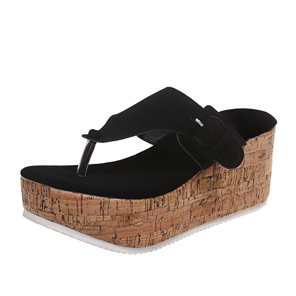 Women's Kork wedge flip-flops with wide padded strap and adjustable buckle application Mune Fashion