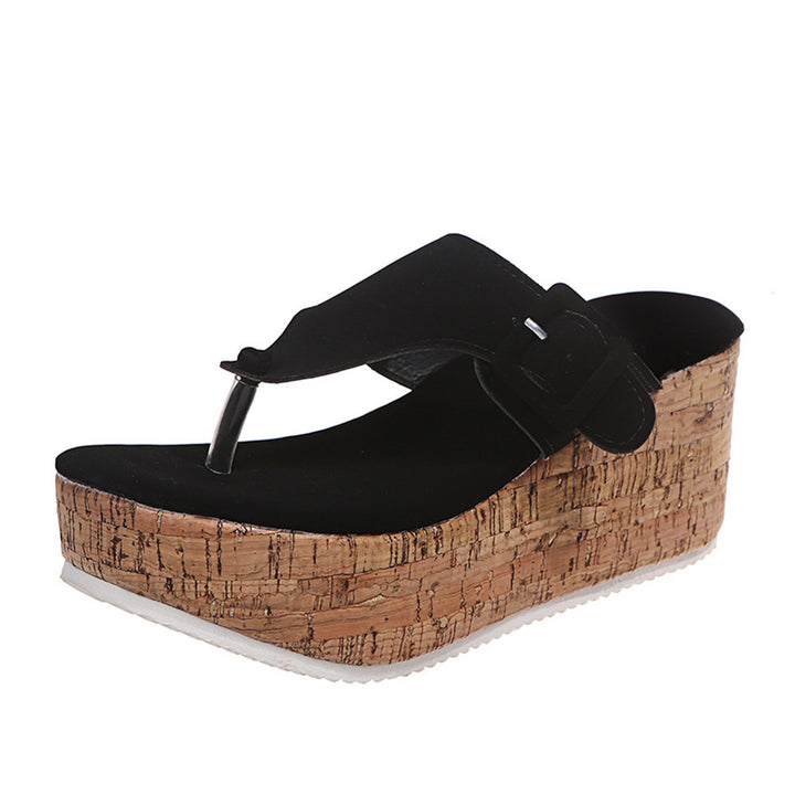 Women's Kork wedge flip-flops with wide padded strap and adjustable buckle application Mune Fashion