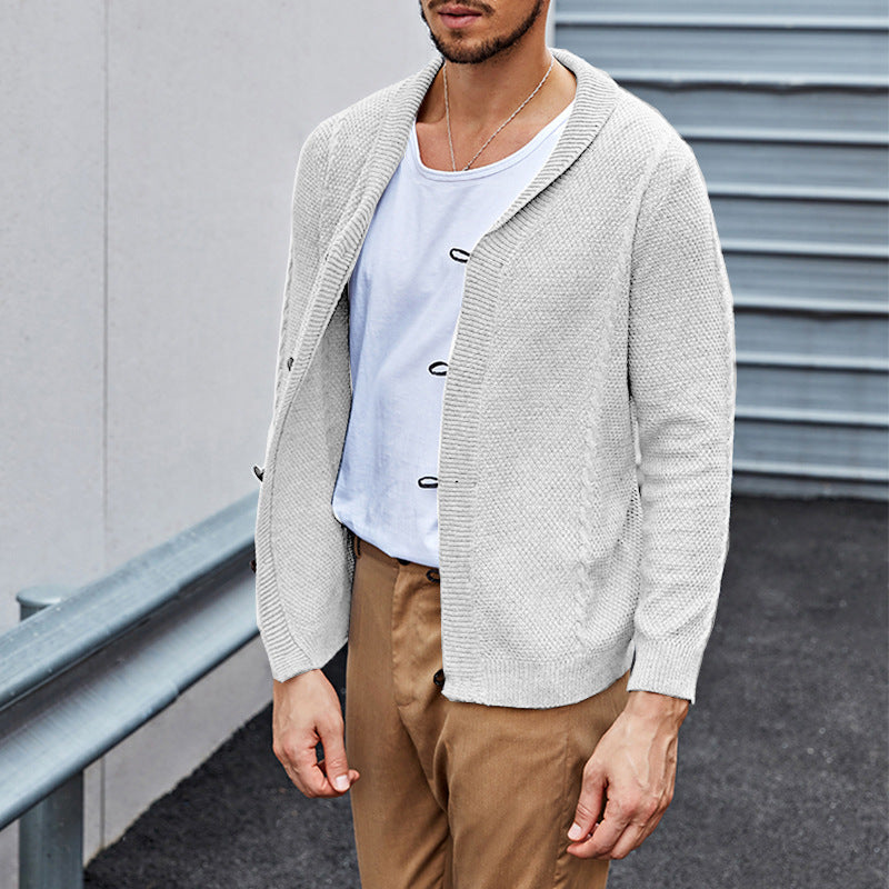 Men's fine knit cardigan with shawl collar, snap-hook closures, and textured knit Mune Fashion