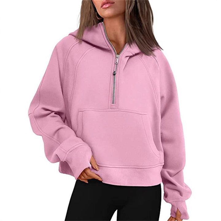 Women's short cut hoodie with half zipper and kangaroo pocket Mune Fashion