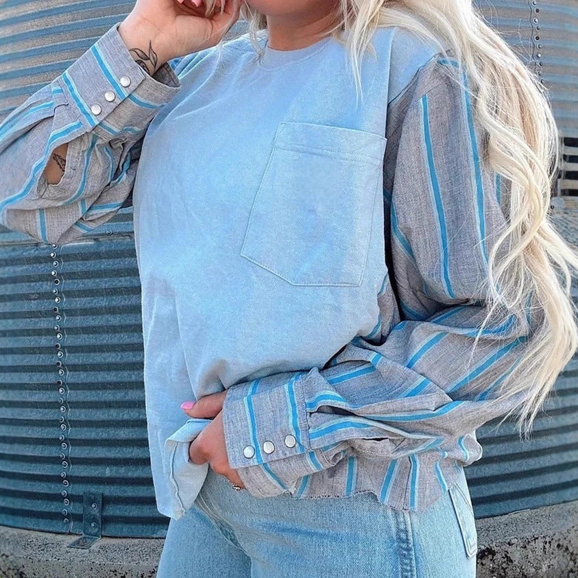 Women's long sleeve shirt in layered look with chest pocket and striped shirt sleeves Mune Fashion