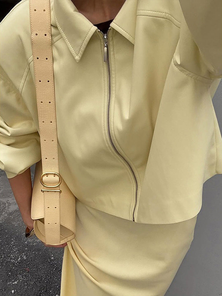 Women's Tailored Zip Blouson Set with Shirt Collar and Midi Skirt Mune Fashion