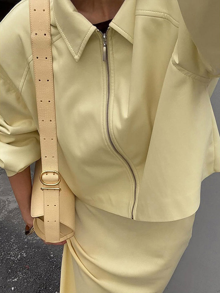 Women's Tailored Zip Blouson Set with Shirt Collar and Midi Skirt Mune Fashion