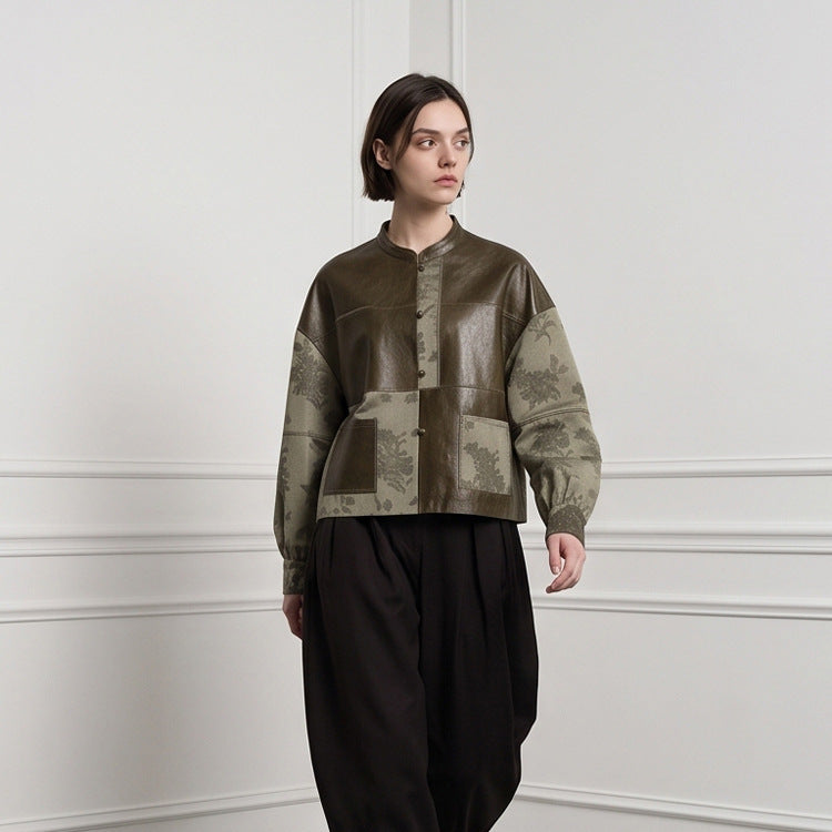 Women's short jacket in leather look and jacquard with stand-up collar Mune Fashion