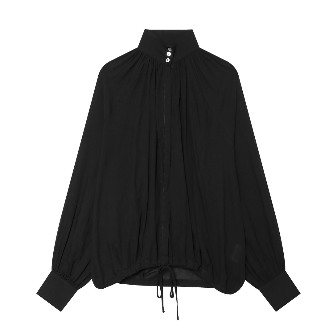 Ladies' stand-up collar blouse with gathering, balloon sleeves, and drawstring hem Mune Fashion