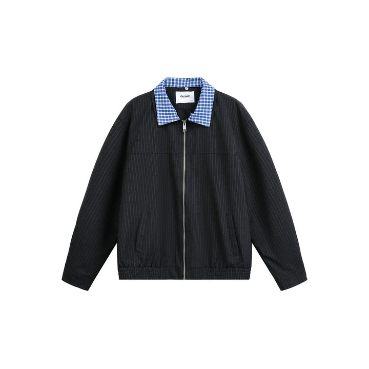 Unisex Short Cut Pinstripe Blouson Jacket with Contrasting Shirt Collar and Full Zipper Mune Fashion