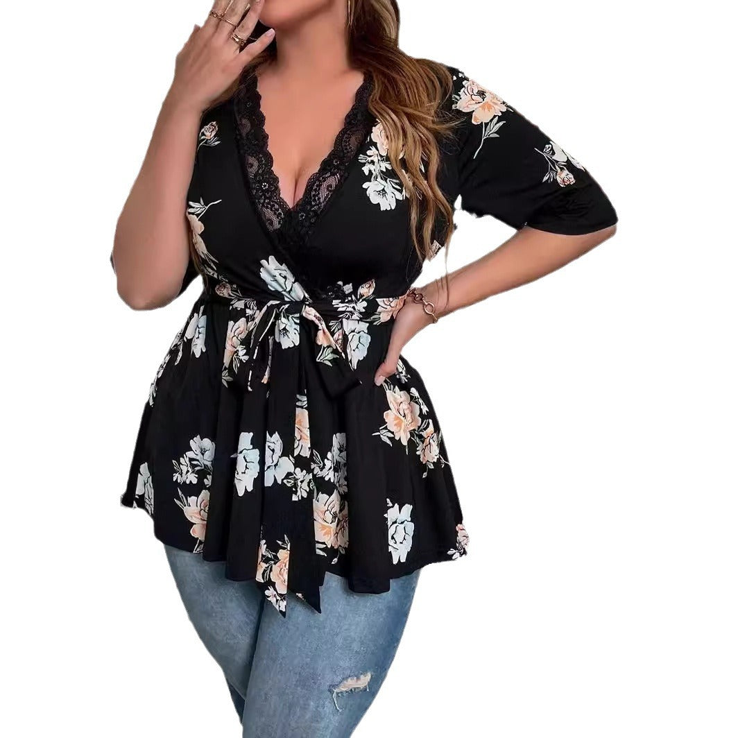 Women's Tailored Wrap Shirt with Lace V-Neck and Three-Quarter Sleeves Mune Fashion