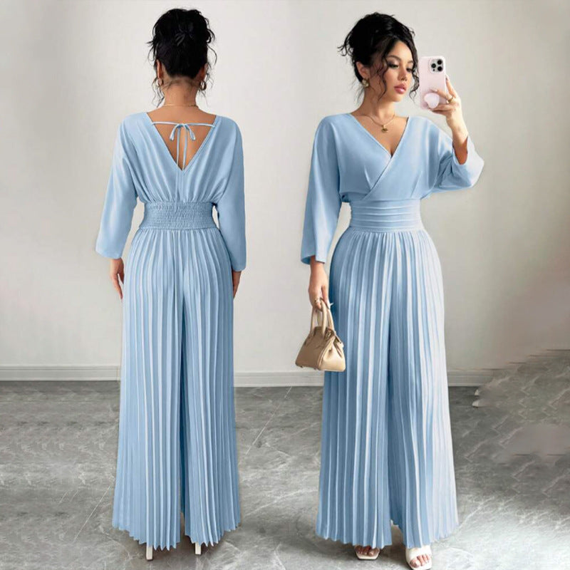 Women Elegant Pleated Jumpsuit with V-Neck Mune Fashion