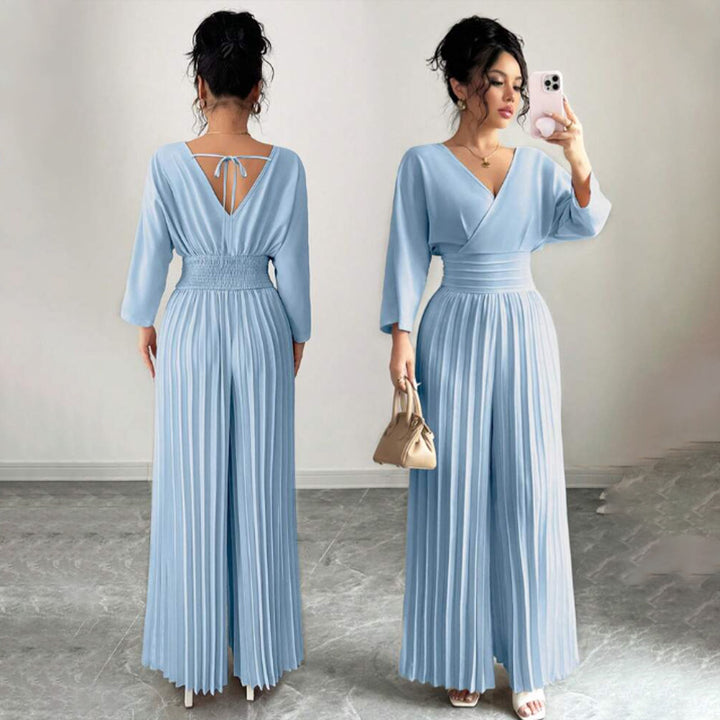 Women Elegant Pleated Jumpsuit with V-Neck Mune Fashion
