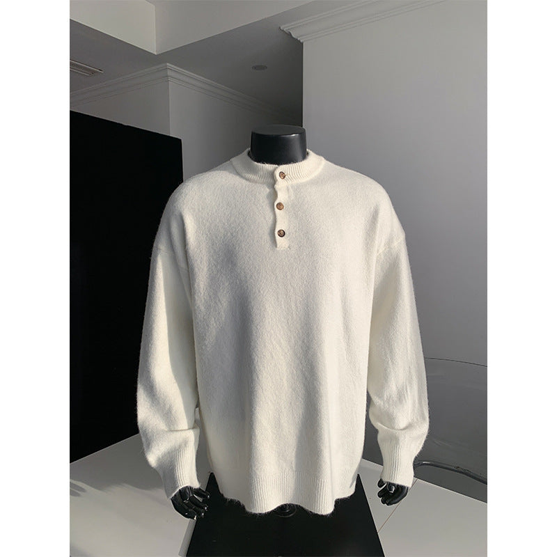 Men's Oversized Knit Sweater with Henley Collar and Half Button Placket Mune Fashion