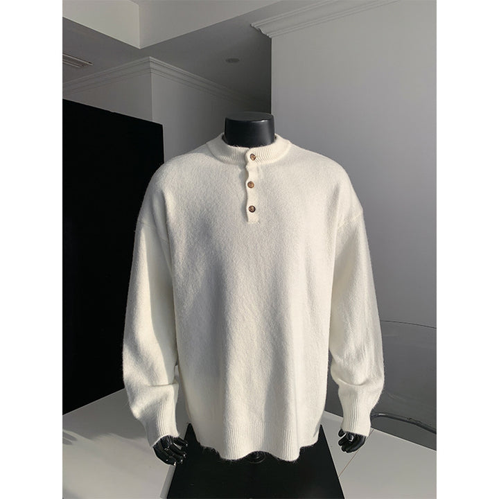 Men's Oversized Knit Sweater with Henley Collar and Half Button Placket Mune Fashion