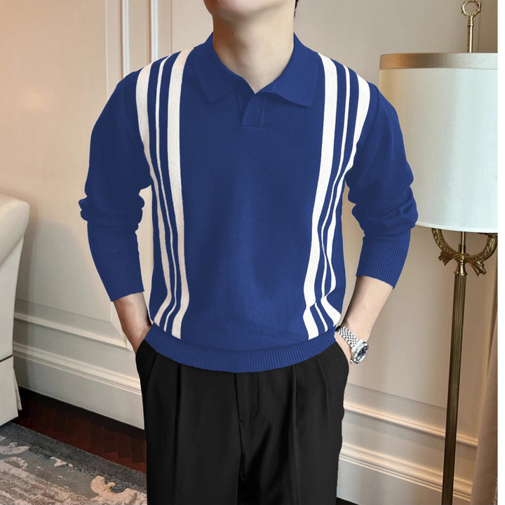 Men's Polo Collar Knit Sweater with Distinctive Stripes and Slim Fit Mune Fashion