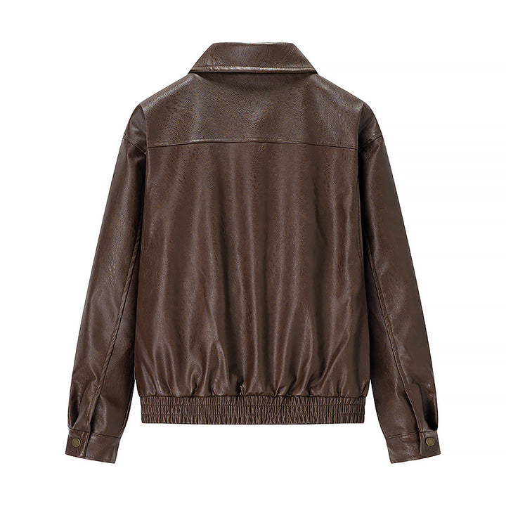 Women's Oversized Faux Leather Blouson with Shirt Collar, Flap Pockets and Concealed Zipper Placket Mune Fashion