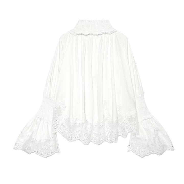 Women's blouse with high ruffle collar, embellished cuffs and lace trim Mune Fashion