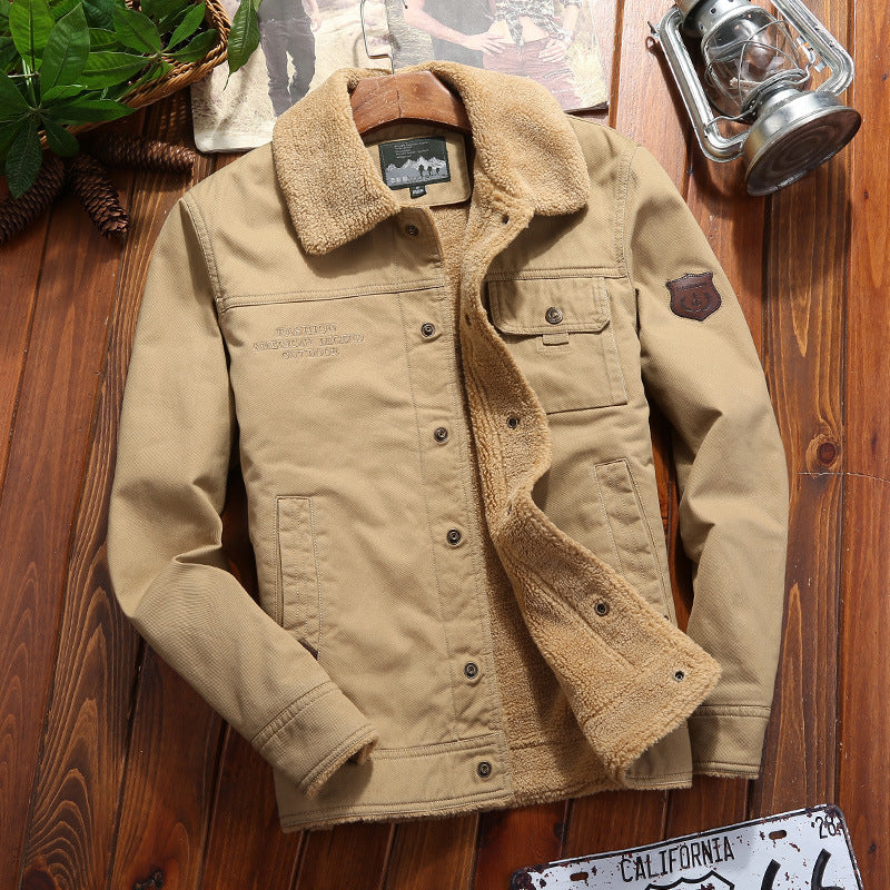 Men's robust canvas work jacket with complete Sherpa lining, concealed snap button placket, and functional chest and side pockets Mune Fashion