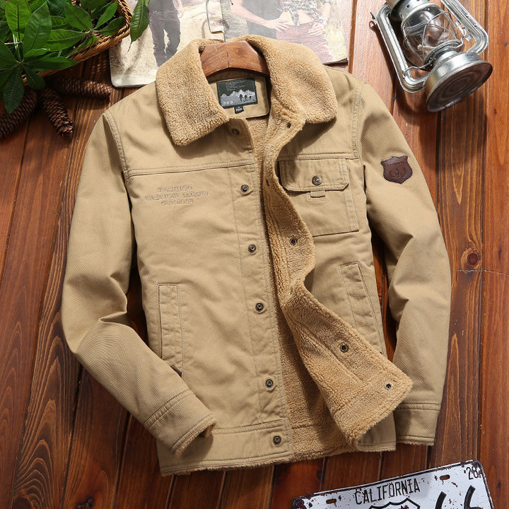 Men's robust canvas work jacket with complete Sherpa lining, concealed snap button placket, and functional chest and side pockets Mune Fashion