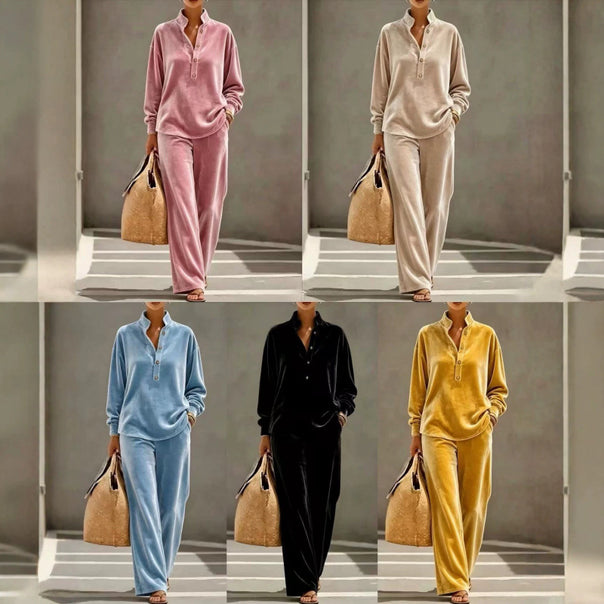 Ladies Velour Loungewear Set with Stand Collar Henley Top and Wide Palazzo Pants Mune Fashion
