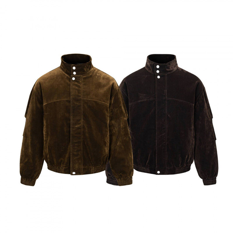 Men's velvet bomber jacket with stand collar, concealed snap button placket, and elastic hem Mune Fashion