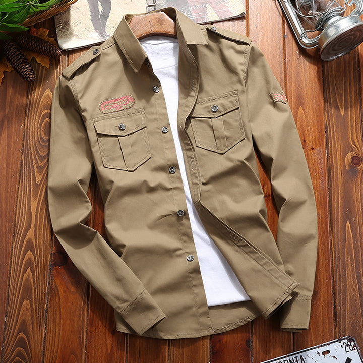 Men's Military-Inspired Utility Shirt Jacket with Epaulettes and Flap Pockets Mune Fashion