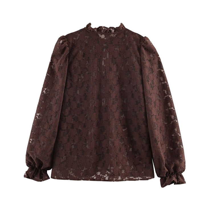 Ladies semi-transparent jacquard lace blouse with standing frill, cord ties and balloon sleeves Mune Fashion