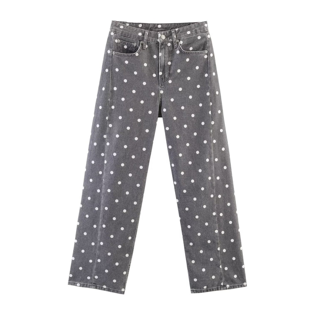 Women's Wide High-Waist Jeans with Allover Polka Dot Pattern and Straight Leg Mune Fashion