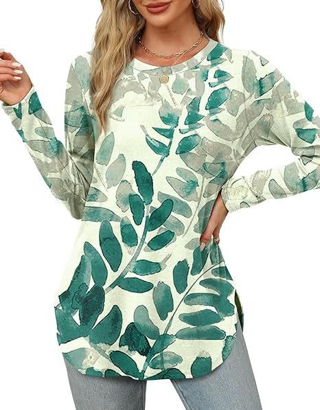 Women's Casual Long Sleeve Tunic Top with Round Neck, Side Slits and Watercolor Leaf Print Mune Fashion