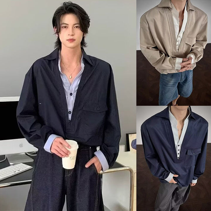 Men's Stylish Long Sleeve Shirt with Modern Collar Mune Fashion