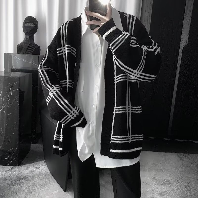 Men's Oversized Knit Cardigan with Check Pattern and Open Front Mune Fashion