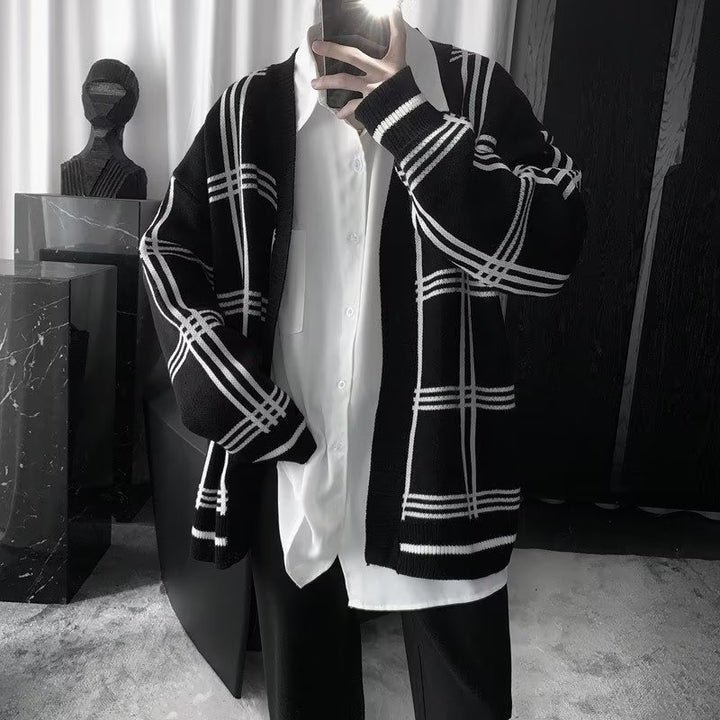 Men's Oversized Knit Cardigan with Check Pattern and Open Front Mune Fashion